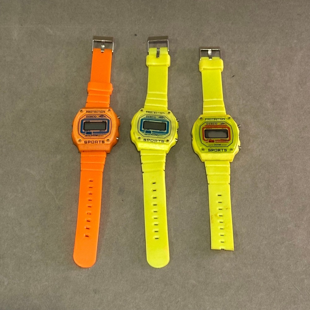 Vintage Disco Sports Digital Watch Lot 3pc Neon Orange Yellow Retro 80s Style